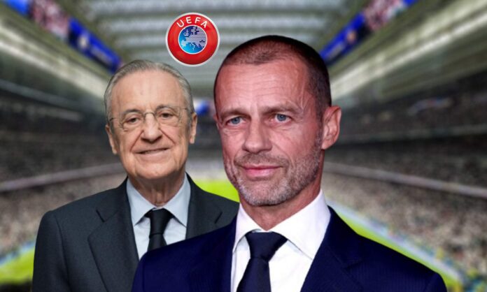 Ceferin, el logo de la UEFA, Florentino Pérez y el Santiago Bernabéu.