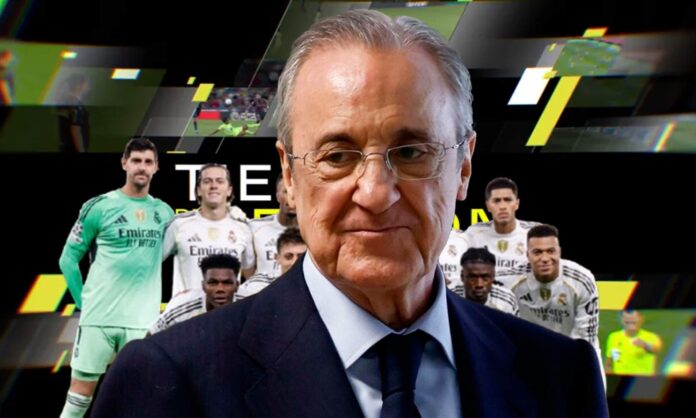 Florentino Pérez, jugadores del Real Madrid y la revisión del VAR. 