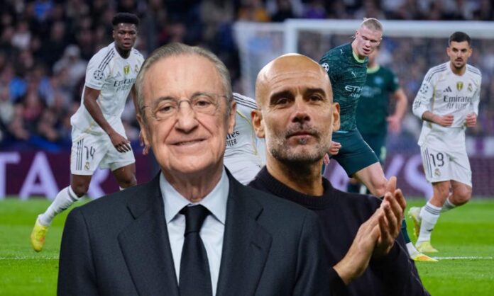 Florentino Pérez, Pep Guardiola y una captura del Real Madrid - Manchester City.