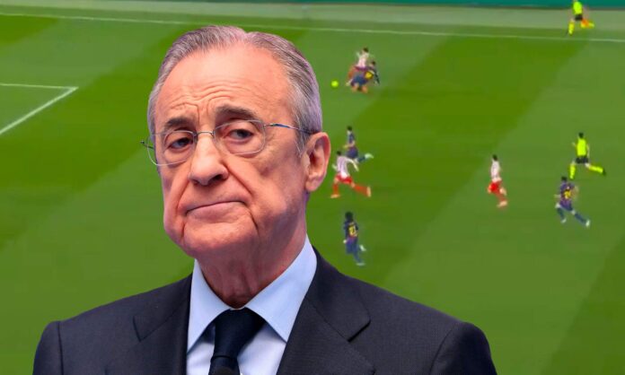 Florentino Pérez y una captura del Barcelona - Atlético de Madrid.