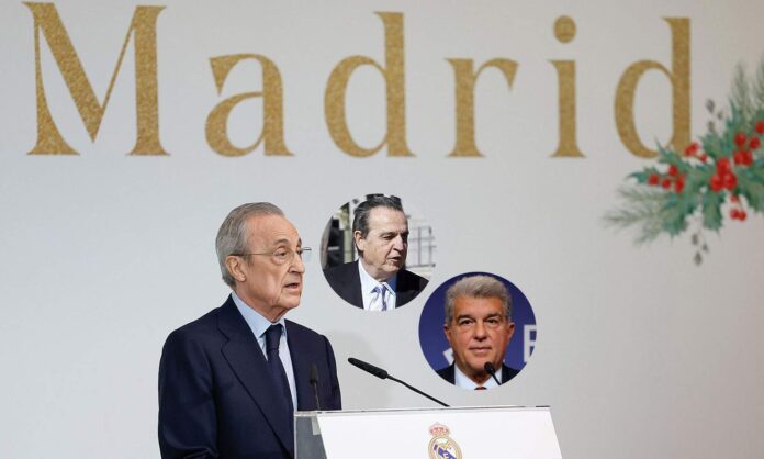 Florentino Pérez en el cóctel de Navidad y unas fotos de Enríquez Negreira y Joan Laporta. 