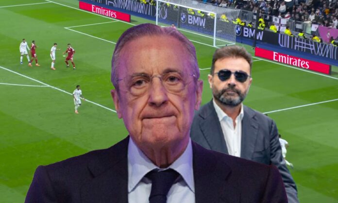 Florentino Pérez, José Ángel Sánchez y una captura del Real Madrid - Sevilla. 