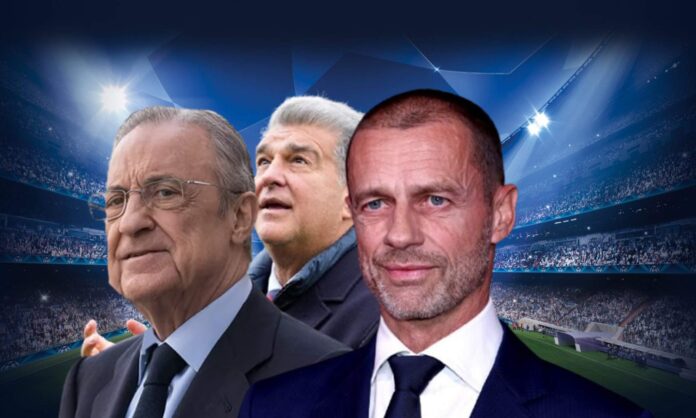Florentino Pérez, Joan Laporta, Ceferín y un wallpaper de la UEFA.