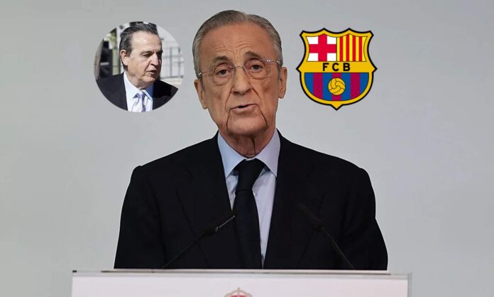 Florentino Pérez, una foto de Negreira y el escudo del Barcelona. 
