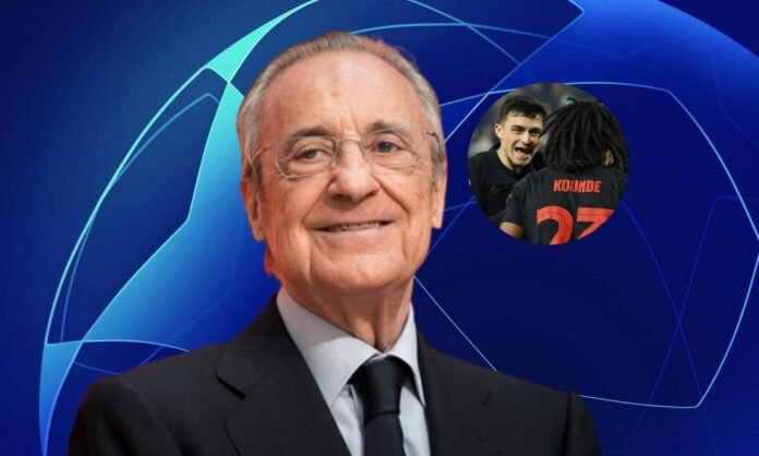 Florentino Pérez, wallpaper de la UEFA y una foto de Pedri y Koundé. 
