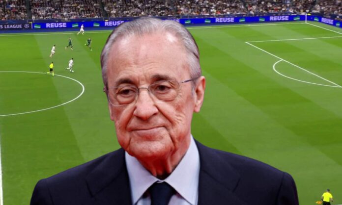 Florentino Pérez y una captura del Real Madrid - Manchester City. 