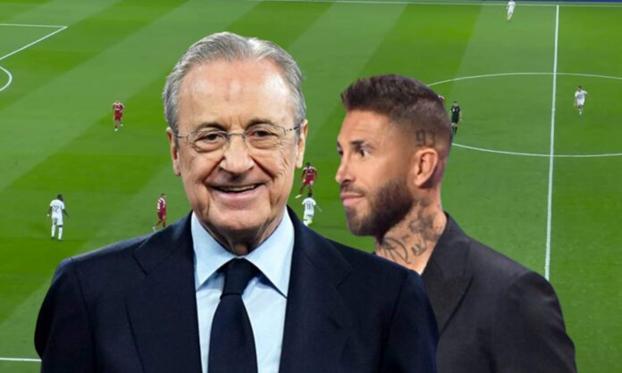 Florentino Pérez, Sergio Ramos y una captura del Real Madrid - Sevilla. 