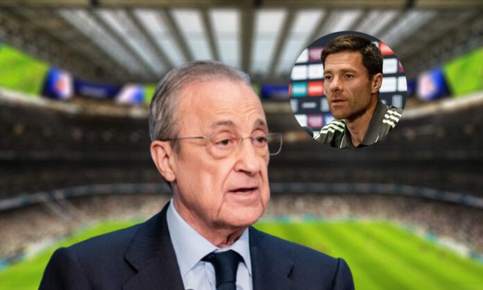Florentino Pérez y una foto de Xabi Alonso en una rueda de prensa.