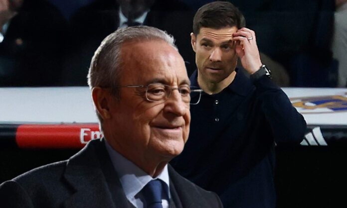 Florentino Pérez y una foto de Xabi Alonso. 