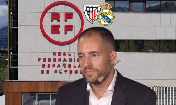 Fran Soto, la sede de la RFEF y los escudos del Athletic Club y el Real Madrid.