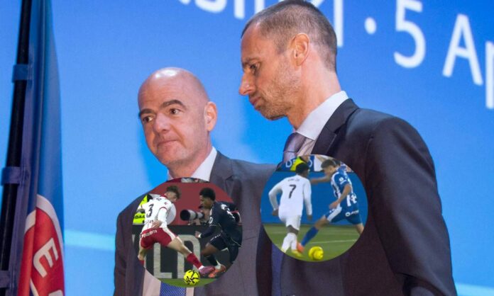 Gianni Infantino (presidente de la FIFA) y Ceferín (presidente de la UEFA) y dos acciones polémicas del Real Madrid.