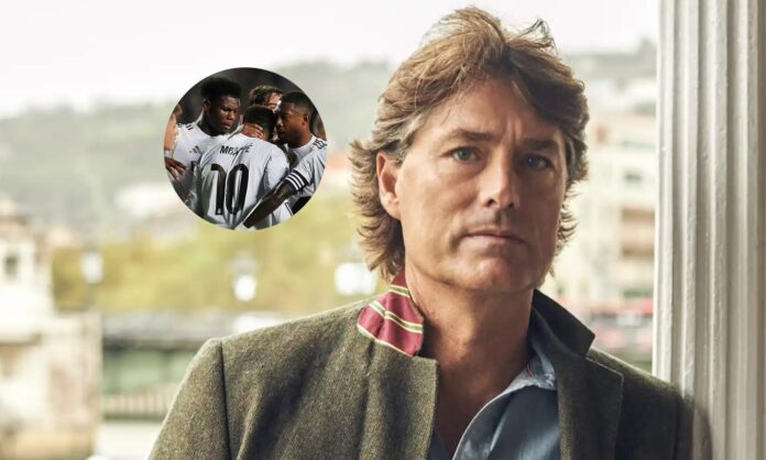 Julen Guerrero y una foto de los jugadores del Real Madrid celebrando un gol. 