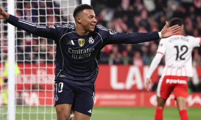 Kylian Mbappé, celebrando el gol que le marcó en Liga al Girona el pasado domingo en Montilivi.