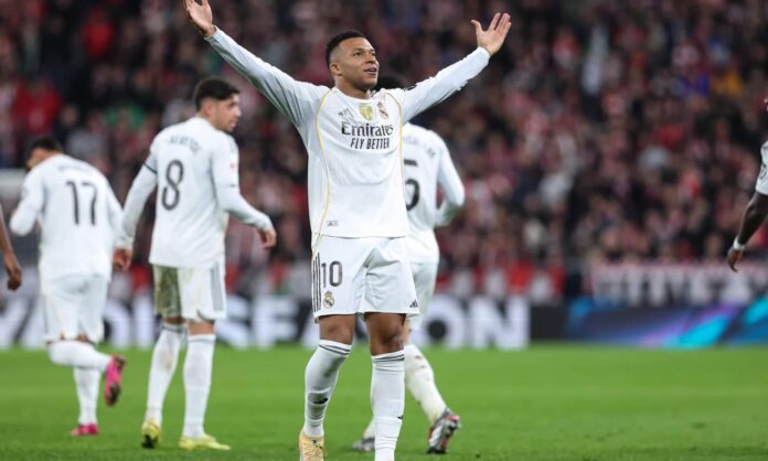 Kylian Mbappé, celebrando un gol con el Real Madrid durante un partido de esta temporada.