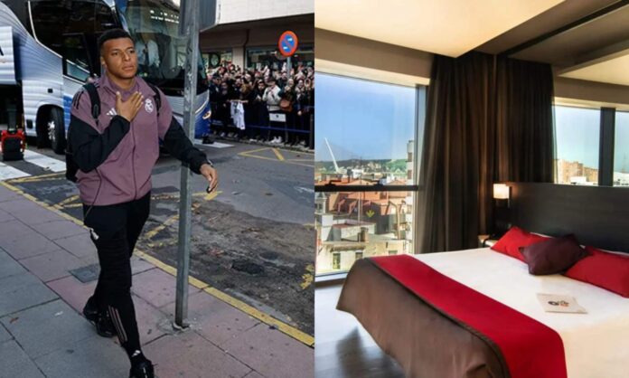 Kylian Mbappé, en su llegada al hotel en el que se alojó el Real Madrid en Talavera.