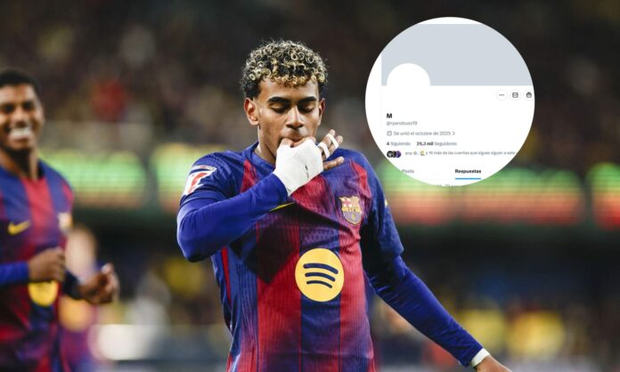 Lamine Yamal celebrando un gol con el Barcelona y una foto de su cuenta de X viral.