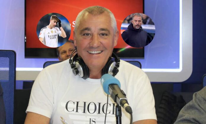 Poli Rincón, una foto de Dean Huijsen y otra de Hansi Flick. 