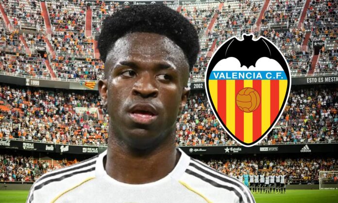 Vinícius Júnior, el escudo del Valencia y Mestalla.