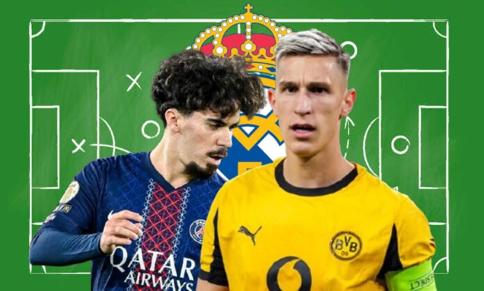 Schlotterbeck, Vitinha, un escudo del Real Madrid y una pizarra de fútbol. 