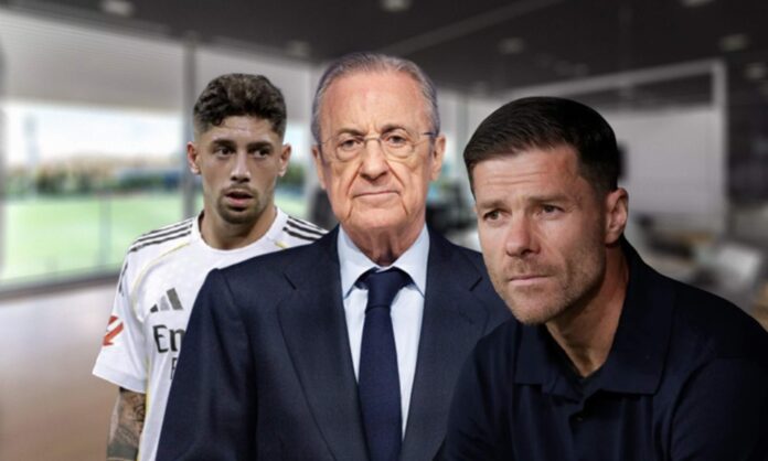 Xabi Alonso, Florentino Pérez, Fede Valverde y una oficina.