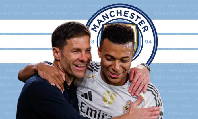 Xabi Alonso, Kylian Mbappé y el escudo del Manchester City. 
