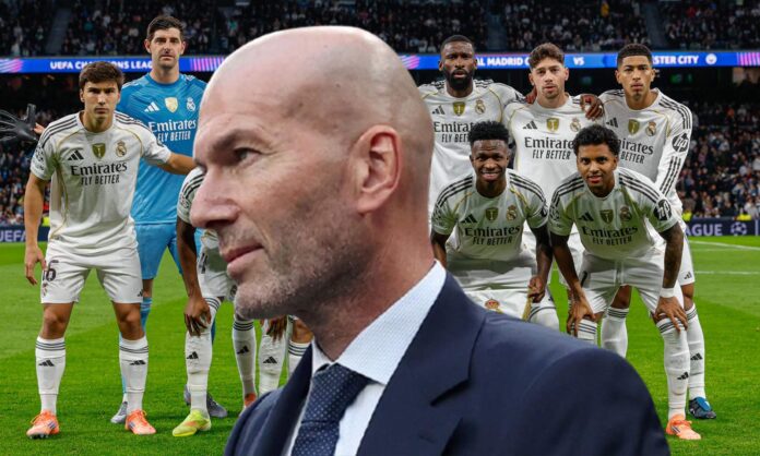 Zinedine Zidane y un once del Real Madrid. 