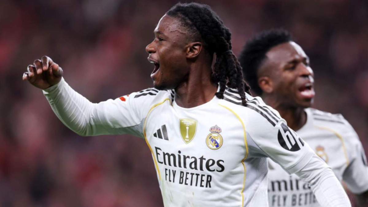 Eduardo Camavinga, celebrando ante el Athletic Club uno de los dos goles que lleva con el Real Madrid este curso. Eduardo Camavinga, celebrando ante el Athletic Club uno de los dos goles que lleva con el Real Madrid este curso.