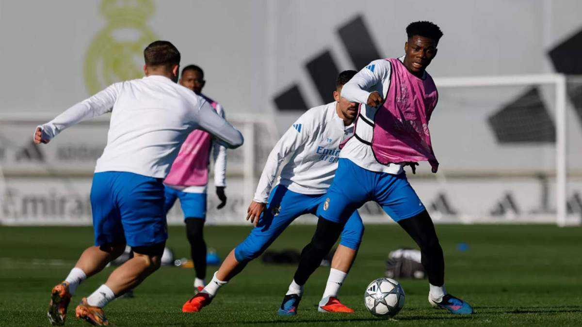 Tchouaméni, Carvajal, Ceballos y Alaba en el entrenamiento de esta mañana