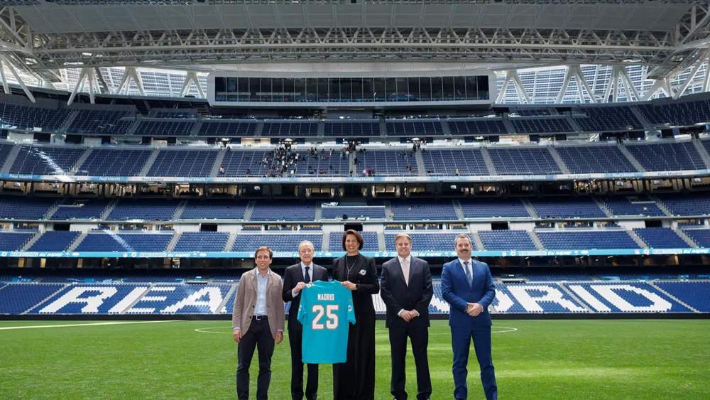 Florentino Pérez, presidente del Real Madrid, en el acto de presentación del partido de la NFL que se disputó en el Santiago Bernabéu.