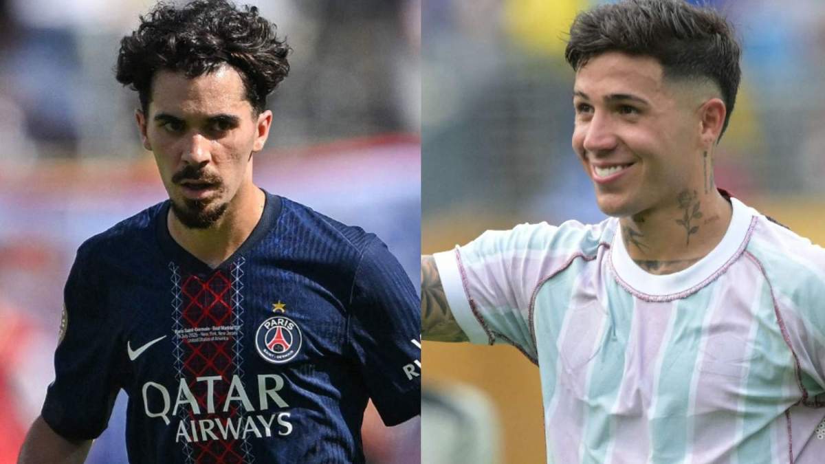 Vitinha con la camiseta del PSG y Enzo con la camiseta del Chelsea. Vitinha con la camiseta del PSG y Enzo con la camiseta del Chelsea.