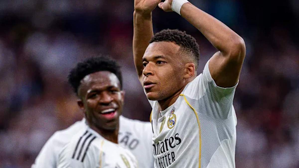 Kylian Mbappé celebrando un gol con el Real Madrid. Kylian Mbappé celebrando un gol con el Real Madrid.