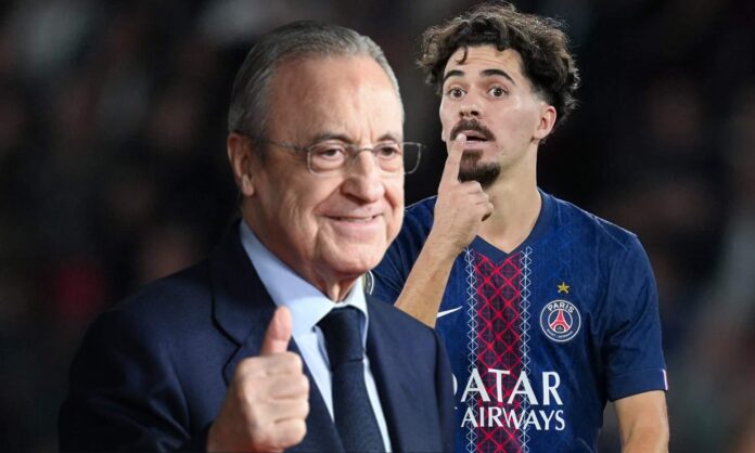 Florentino Pérez y una foto de Vitinha jugando con el Paris Saint-Germain.