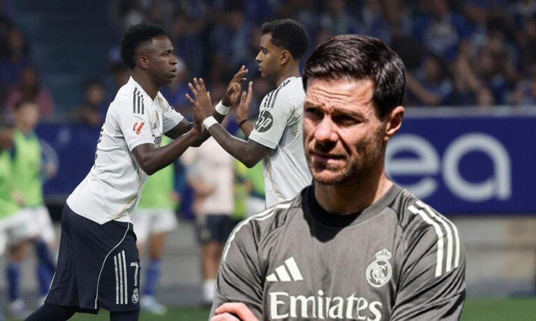 Xabi Alonso y una foto de Vinícius y Rodrygo en un partido del Real Madrid.