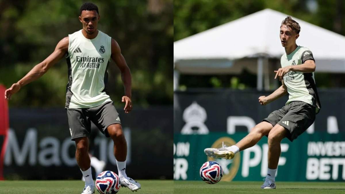 Trent Alexander-Arnold y Dean Huijsen entrenando. Trent Alexander-Arnold y Dean Huijsen entrenando.