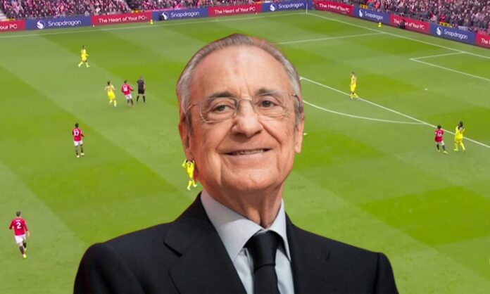 Florentino Pérez y una captura del Manchester United - Tottenham. 