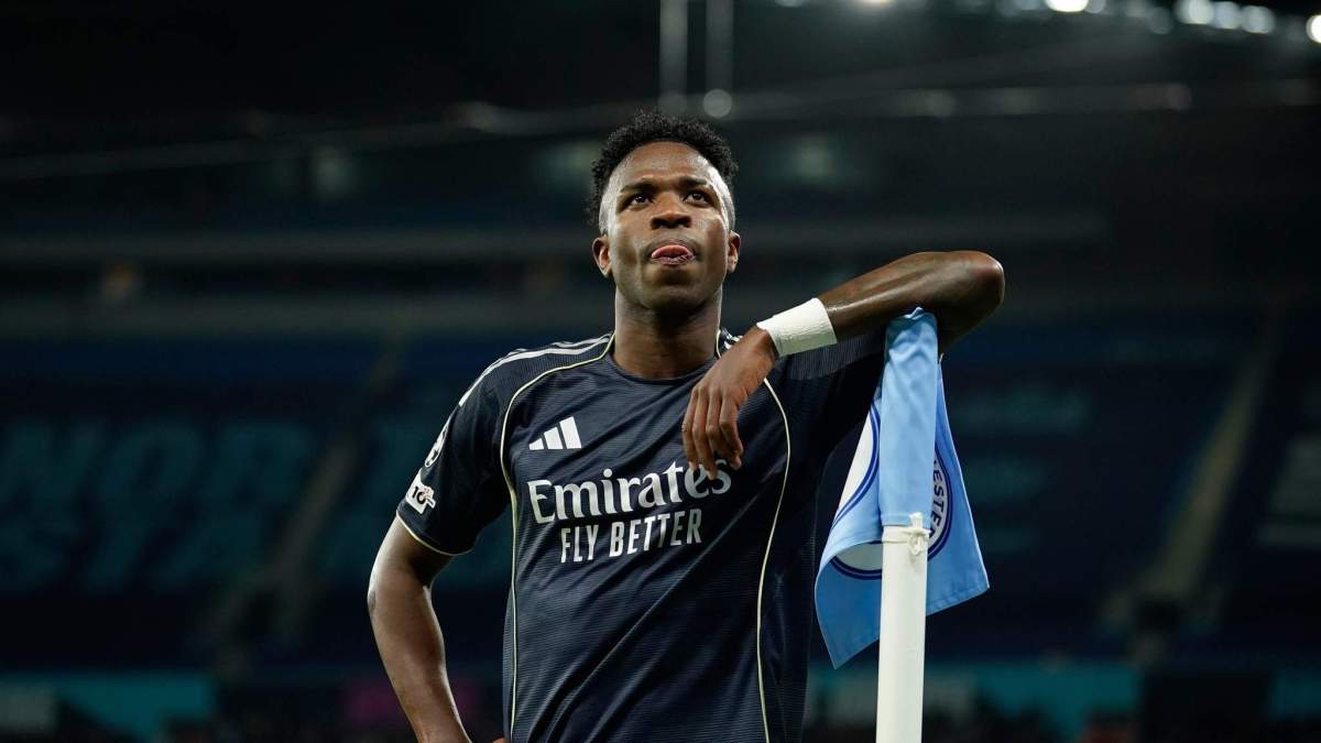 Vinicius, celebrando uno de sus goles al Manchester City en el Etihad Stadium