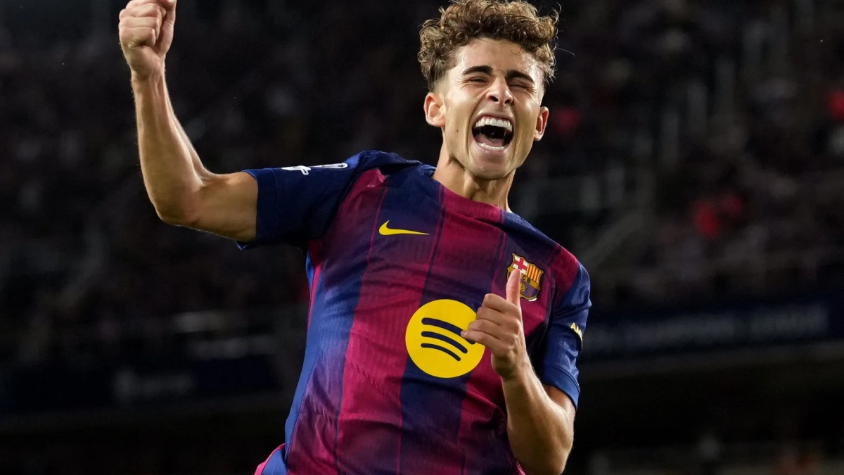 Fermín López celebrando un gol en un partido con el Fútbol Club Barcelona.