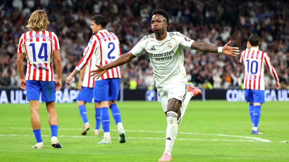 Vinicius, celebrando su segundo gol al Atlético de Madrid en el derbi madrileño