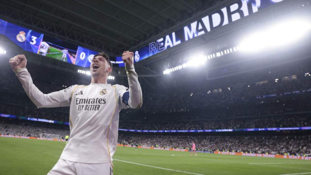 Fede Valverde, celebrando sus tres goles ante el Manchester City en la ida de los octavos de final de la Champions. Fede Valverde, celebrando sus tres goles ante el Manchester City en la ida de los octavos de final de la Champions.