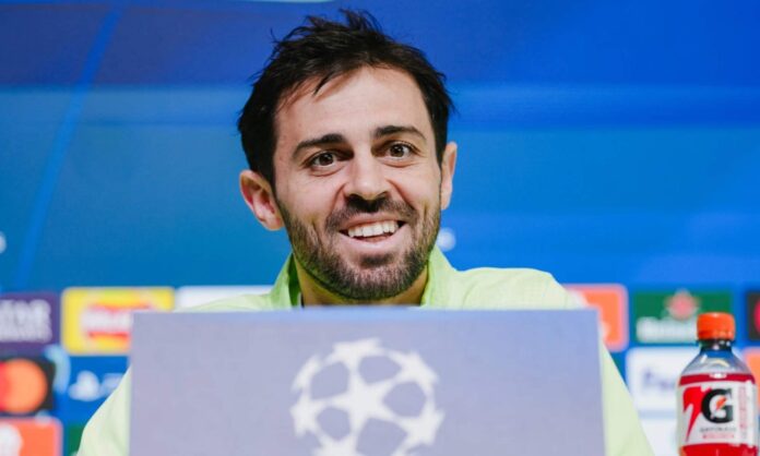 Bernardo Silva, durante la rueda de prensa de este lunes en la previa del Manchester City-Real Madrid correspondiente a la vuelta de los octavos de final de la Champions League.