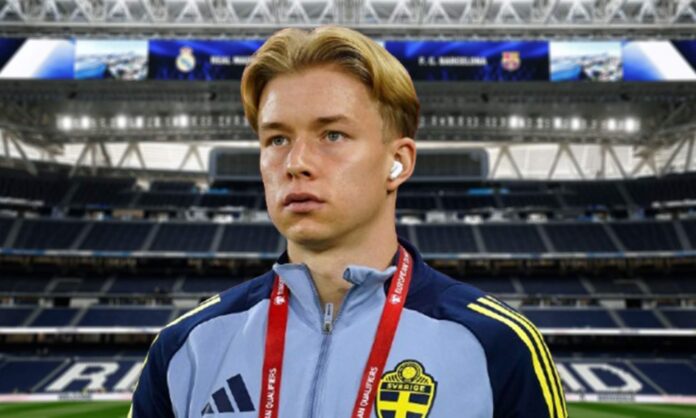 Daniel Svensson con la sudadera de Suecia y el Santiago Bernabéu.