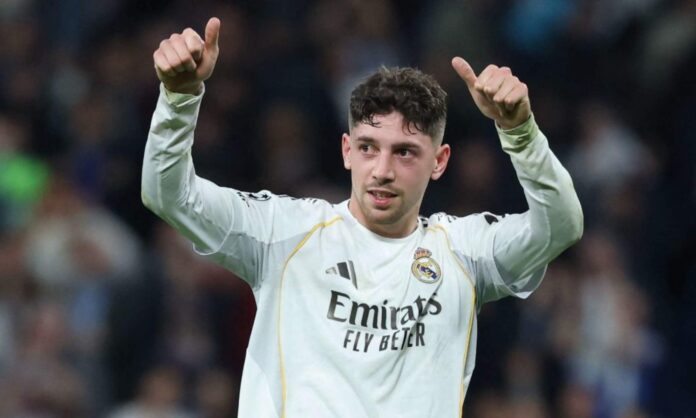 Fede Valverde, celebrando uno de sus tres goles ante el Manchester City en la Champions League.
