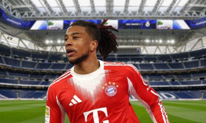 Michael Olise con la camiseta del Bayern Múnich y el Santiago Bernabéu.