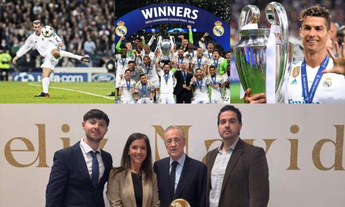 De izquierda a derecha. José Padilla, director Adjunto. Gina López, CEO de Defensa Central, Florentino Pérez, presidente del Real Madrid, y David Jorquera, Director.
