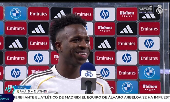 Vinicius se dirige a Florentino y le dedica su doblete al Atlético: 